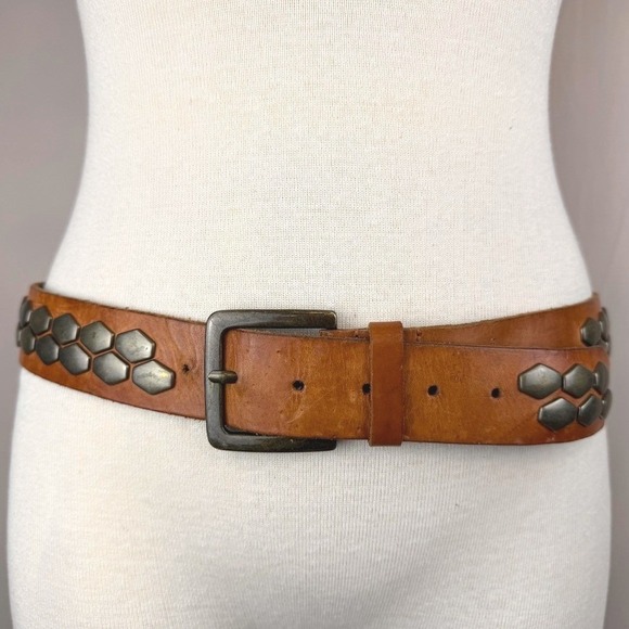 Vintage Studded Tan Leather Belt (36) Brass Hex Grunge Boho Western Festival - Picture 2 of 8
